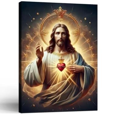 Imagem de Pintura de parede em tela Jesus Sagrado Coração Impressão Emoldurada Pôster Envoltório Tela Religiosa para Decoração de Casa Cristã Sala de Estar Igreja Galeria Escola Dominical 40,6 x 61 cm