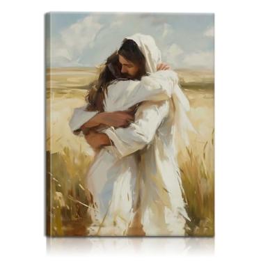 Imagem de Arte de parede emoldurada Jesus Arms Of Mercy Inspiração Fé Impressão em tela Jesus Abraçando Mulher Pôster Motivacional Religioso Sala de Estar Sala de Oração Decoração de Escritório Pronto para