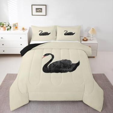Imagem de Erosebridal Conjunto de edredom de casal vintage cisne clássico, 2 peças, para crianças, adolescentes, cisne preto, aves aquáticas, decoração de quarto de fazenda, animais selvagens, pintura a óleo