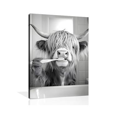 Imagem de OWNANRTHM Arte de parede em tela de banheiro Highland Cow imagens engraçadas de animais de banho pintura de dentes de vaca Highland pintura preto e branco animal banheiro pôster para banheiro banheiro