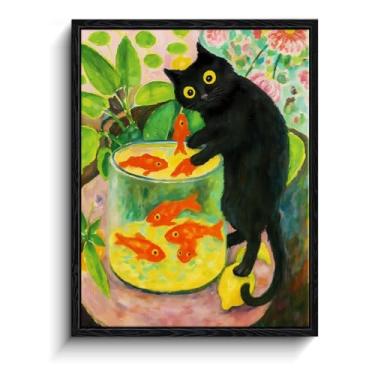 Imagem de Arte de parede emoldurada de gato preto, gato preto engraçado com peixe dourado em Matisse impressão de arte texturizada, pinturas estéticas para quarto, sala de estar, banheiro, decoração de parede