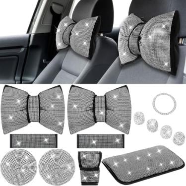 Imagem de Datanly Conjunto de 13 peças de acessórios de carro para mulheres, almofada de pescoço de encosto de cabeça de carro com strass, capas de cinto de segurança brilhantes, tampa de botão de mudança de