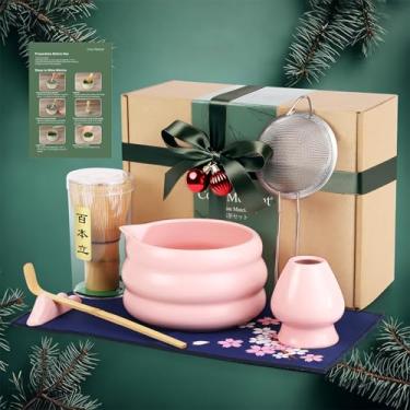 Imagem de Conjunto de batedor matcha rosa, kit de matcha de cerâmica inclui tigela matcha, batedor e suporte para matcha, colher de bambu, descanso de colher, peneira e toalha de chá - 7 peças kit matcha para