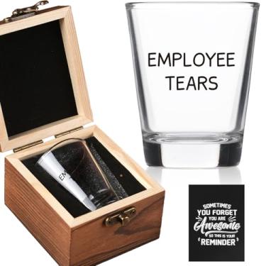 Imagem de Ithmahco Presentes de Natal para funcionários - Copo de shot de lágrimas de funcionários com caixa de madeira - Presente de Natal do chefe, gerente, líder de equipe, presente de escritório engraçado