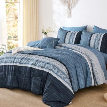 Imagem de Conjunto de edredom queen azul marinho, 7 peças, textura listrada, leve, macio, conjunto de lençol e lençol de microfibra para todas as estações