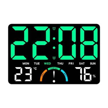 Imagem de MotiveTech Relógio de parede LED moderno com indicador digital de temperatura e umidade, ideal para adultos, escritório ou mesa de cabeceira, Verde