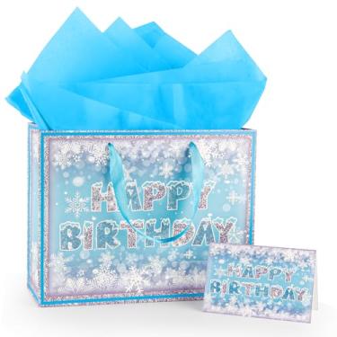 Imagem de Hongplus Saco de presente de floco de neve, azul, roxo, decorações de aniversário de inverno, sacolas de festa com lenços de papel, sacos de papel de embrulho para meninas, tema floco de neve, artigos