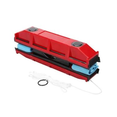 Imagem de Limpador de Vidros Magnético, Vermelho, Plástico e Microfibra, 23cm x 6,5cm x 5cm, Dupla Face para Janelas e Box, com Esponja e Cordão de Segurança