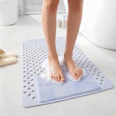 Imagem de Merleu Tapete de chuveiro de banheira com tapete de banho macio para massagem, tapete de banheira antiderrapante com ventosas fortes, tapete de silicone para banho (azul escuro, 80 cm x 50 cm