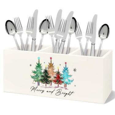 Imagem de Yhtrg Merry and Bright Suporte de utensílios de cozinha de Natal com 3 compartimentos, organizador de utensílios de madeira colorido com glitter para cozinha, bancada, prateleira, decoração de mesa