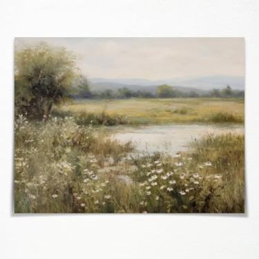Imagem de Arte de parede em tela de primavera - Prado flores silvestres lagoa montanha decoração natural para sala de estar interior quarto casa decoração macia primavera arte pôster 20,3 x 25,4 cm sem moldura