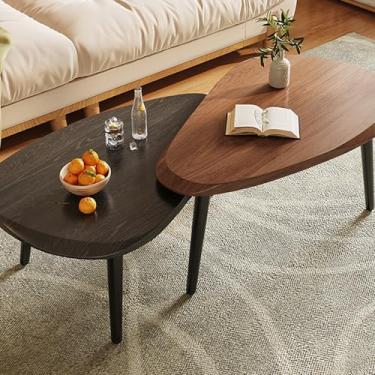 Imagem de Yadlan Conjunto de 2 mesas de centro de nogueira, mesa de centro rústica de madeira maciça resistente com design minimalista para sala de estar, quarto, pátio, mesa de canto de sofá