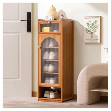 Imagem de SPXMQSS Sapateira vertical de bambu, sapateira estreita para entrada, prateleira de pé livre com porta, armário de sapatos para entrada, corredor, quarto, marrom B, 7 camadas 31 x 31 x 94 cm