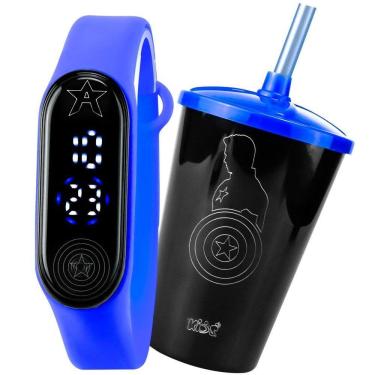 Imagem de Relogio Digital Led Prova Dagua + Copo Capitao America Presente Pulseira Ajustavel Resistente Menino