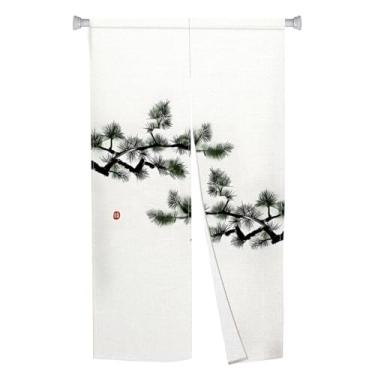 Imagem de Leowefowa Cortina de porta noren japonesa longa chinesa tradicional impressão pinheiro janela tratamento entrada Feng Shui cortina de porta tapeçaria para divisória de quarto, cozinha, decoração de