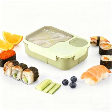 Imagem de Bento Box, lancheira de 1450 ml com colher e garfo, leve, suporte de refeição fácil de transportar com 3 compartimentos, à prova de vazamento, livre de BPA, perfeito para comer fora (verde)