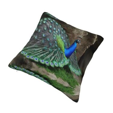 Imagem de Almofada quadrada decorativa com pena de pavão verde - Design reversível, zíper oculto, poliéster macio para sofá, cama e carro - Hipoalergênico 51 x 50 cm