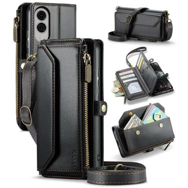 Imagem de YYTVN Capa carteira para Samsung Galaxy S25 Edge com zíper para cartão e alça transversal e alça de pulso, capa flip magnética de couro PU com bloqueio de RFID para Galaxy S25 Edge - preta