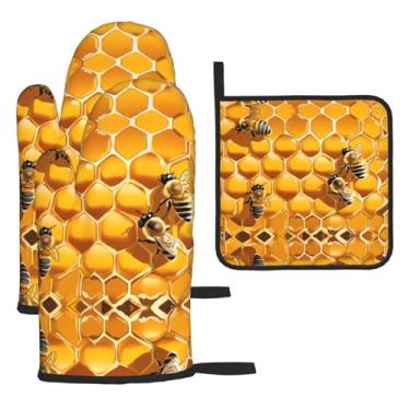 Imagem de Bee On Comb – Conjunto de cozinha essencial com 3 peças, luvas e aderência para tampa, proteção para churrasco no forno, design de armazenamento suspenso.