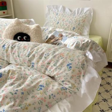 Imagem de Conjunto de cama estilo princesa floral de algodão lavado, vintage, flores pastorais francesas, renda, babados, conjunto de fronha, 2.150 x 200 cm, 2 peças