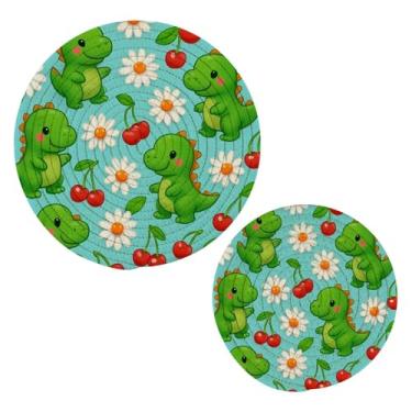 Imagem de Wassud Cute Dinosaurs Trivet para pratos quentes, porta-panelas redondas de algodão, almofadas quentes, porta-copos elegantes, decoração de cozinha e acessórios, 2 peças