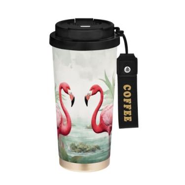 Imagem de YETTASBIN Caneca de café rosa Flamingos com isolamento térmico de 482 g com tampa canudo, copo à prova de derramamento e vazamento com alça para bebida quente e fria, garrafa de água de aço inoxidável