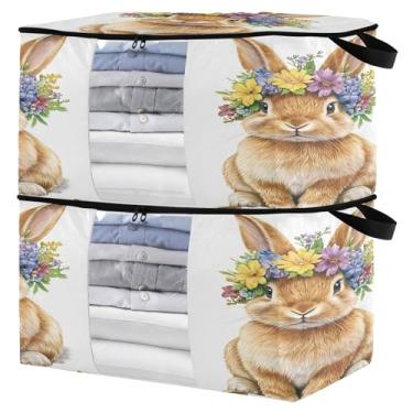 Imagem de Burbuja Pacote com 2 organizadores de bolsa de armazenamento com alças para roupas, cobertores, roupa de cama, coelho com grinalda de flores, bolsa de armazenamento dobrável com zíper e janela