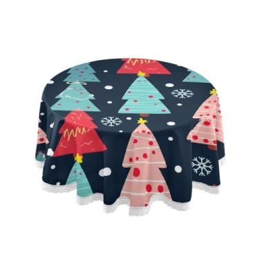 Imagem de Qilmy Linda toalha de mesa redonda de árvore de Natal de 152 cm, resistente à água, à prova de derramamento, capa de mesa grande para jantar de reunião de família em ambientes internos e externos