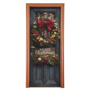 Imagem de Burbuja Capa de porta de guirlanda de Natal, cobertura de varanda de pano de fundo de tecido elástico para decoração de festas em casa, festas e feriados, 91 x 246 cm