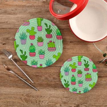 Imagem de CEBUGI Conjuntos de suportes de panela redondos de algodão para panelas quentes resistentes ao calor para cozinhar e assar, 2 peças de cactos fofos