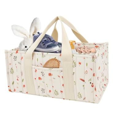 Imagem de Organizador de fraldas para bebês, cesta de fraldas floral elegante com divisória removível, organizador de fraldas com alça para trocador, cesta de presente de chá de bebê para meninos e meninas
