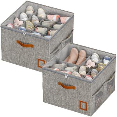 Imagem de FooGuila Organizador de sapatos para armário, pacote com 2 caixas organizadoras de sapatos dobráveis com divisórias ajustáveis e capa transparente, caixa de sapato que economiza espaço com alças