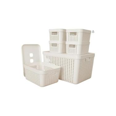 Imagem de Caixa Organizadora Plástica com Alças de Madeira, Branca, 32x20x14cm, Design Minimalista, Versátil para Casa e Escritório