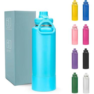 Imagem de Garrafa Térmica 800ml - Duplamente Isolada, Aço Inox 304, Base Emborrachada Anti Derrapante, Mantém Bebidas Quentes por 12 Horas e Geladas por 24 Horas, (ciano)