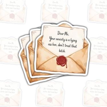 Imagem de 3 peças de adesivos Dear Me, citação engraçada de ansiedade em decalque de envelope, adesivo artístico de carta de autocuidado sarcástico, adesivos de design de notas encorajadoras cortados à prova