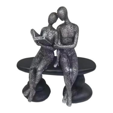 Imagem de Bothyi Estátua de Casal Lendo, Figura Pensante, Decoração Romântica Única para Casa, Escultura em Resina para Marido e, Ideal para Festas e Armários, Preto Prateado