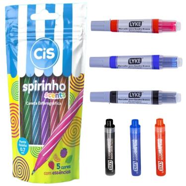 Imagem de Kit Caneta Spirinho Scents 5 Cores + Marcador E Refil Quadro Branco 3 Cores Lyke