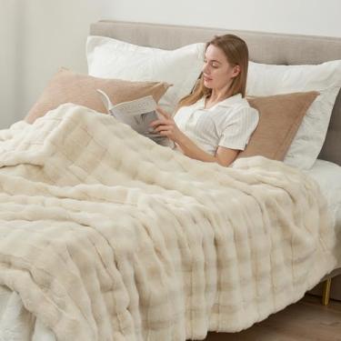 Imagem de Cozy Bliss Cobertor de pele sintética fofo tamanho king para cama, cobertor de pelúcia listrado macio felpudo, manta grossa para sofá de quarto, 272 x 232 cm, branco creme