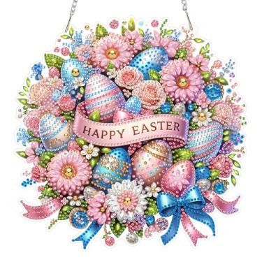 Imagem de Eiflow Kit de pendurar arte de diamante acrílico para adultos, kit de pintura de diamantes faça você mesmo, enfeite especial de pingente de pintura de diamante de cristal (guirlanda de Páscoa)