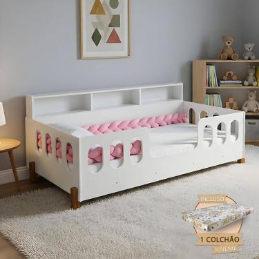 Imagem de Cama Completa em Mdf Nina com Colchão + Enxoval Infantil Trança Rosa 2,5m