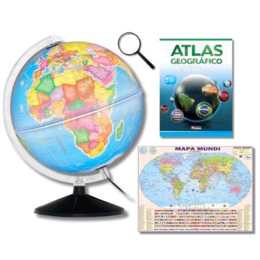 Imagem de GLOBO TERRESTRE POLÍTICO LUMINOSO BASE PRETA 30CM + MAPA MUNDI + ATLAS GEOGRÁFICO + LUPA