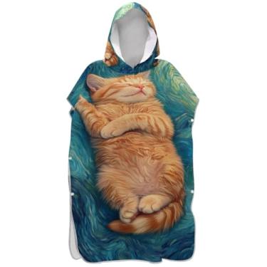 Imagem de Joisal Poncho de surf leve para adultos trocador com capuz toalha de praia estampado noite estrelada gato laranja ponchos femininos com capuz