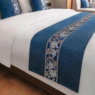 Imagem de Cachecol para cama queen size, corredores e cachecóis de cama de hotel premium, poliéster premium, decoração multiuso, fácil de cuidar, perfeito para estilo de quarto de hóspedes - azul escuro ||50