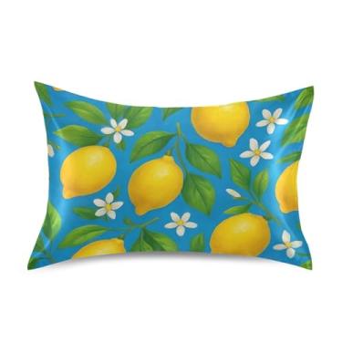Imagem de Capas de almofada de cetim azul com folhas verdes e limões amarelos, estampa artística, refrescante, King, Queen, padrão, roupa de cama, cama king size 101,6 x 50,8 cm