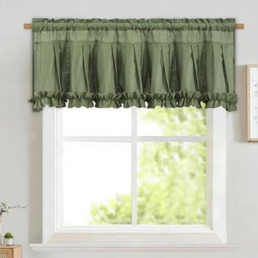 Imagem de Likiyol Sanefas de linho para janelas sanefas de janela de casa de fazenda com babados cortinas rústicas com filtro de luz de cozinha para banheiro café, verde, 132 cm L x 45 cm C