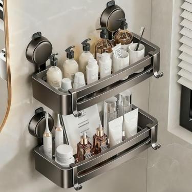 Imagem de ONXE Suporte de chuveiro de sucção, 2 prateleiras de chuveiro com ventosas com ganchos, organizador de chuveiro de banheiro sem perfuração e rack de armazenamento, suporte de alumínio espacial à prova