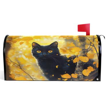 Imagem de TSENQUE Capas magnéticas decorativas para caixa de correio preta gato fofo amarelo floresta outono caixa de correio vinil decorações de caixa de correio moderna tamanho grande 64,5 x 52,8 cm