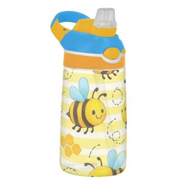 Imagem de Garrafa de água fofa com listras amarelas para crianças com canudo 473 ml 473 ml Garrafa de água esportiva Tritan à prova de vazamento, copo de viagem infantil portátil, reutilizável, alça de