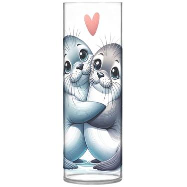 Imagem de Cute Animal Seal Mate Vasos cilíndricos decorativos para flores, vasos altos de plástico, peças centrais de mesa com estampa floral, 30 cm x 9,9 cm