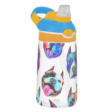 Imagem de Garrafa de água de 473 ml para crianças reutilizável 473 ml Tritan Sports garrafa de água com canudo portátil à prova de vazamento copo de viagem infantil, alça de transporte, colorido pit bull